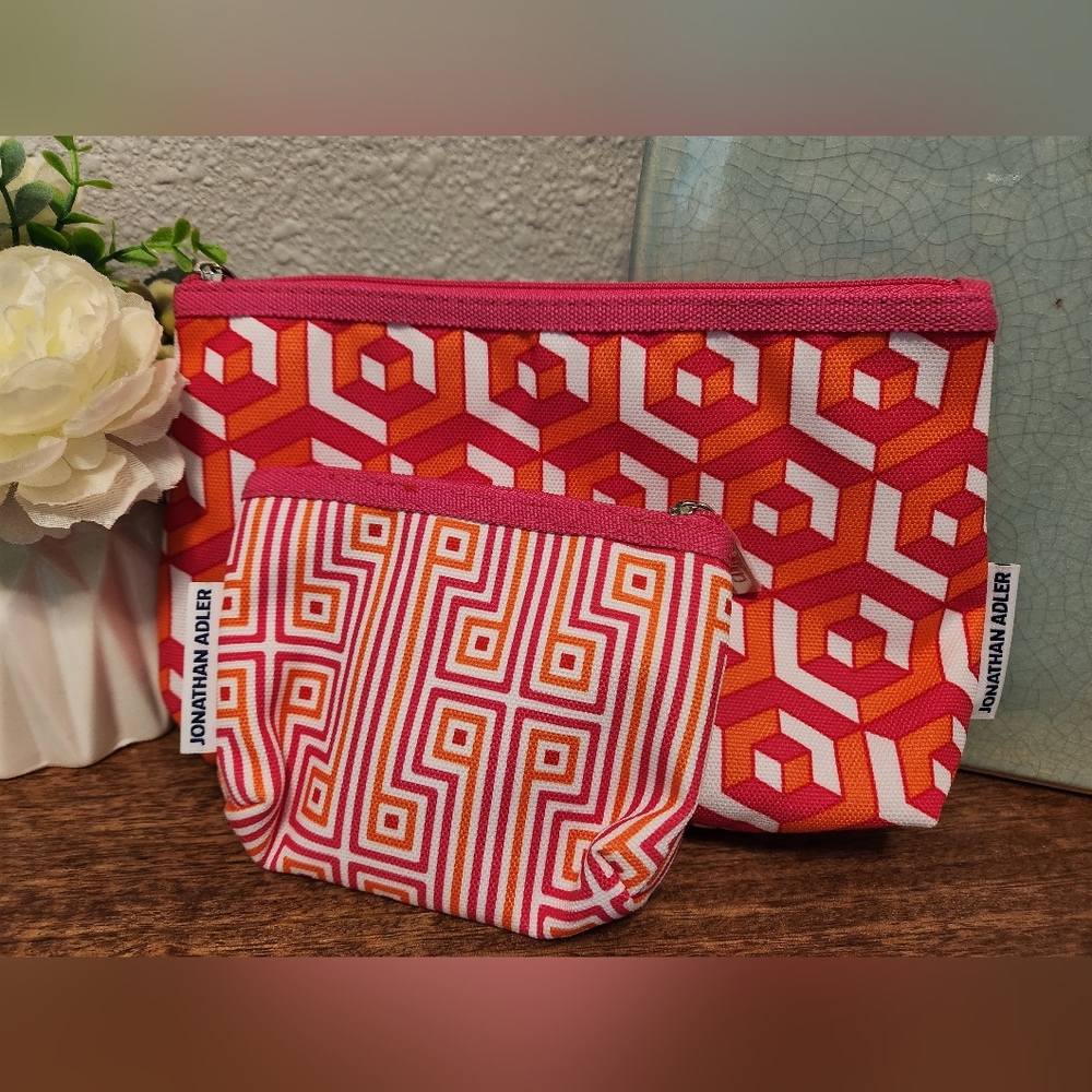 Jonathan Adler X Clinique Pink and Orange Geometric Cosmetic Bags 9x6x2 New